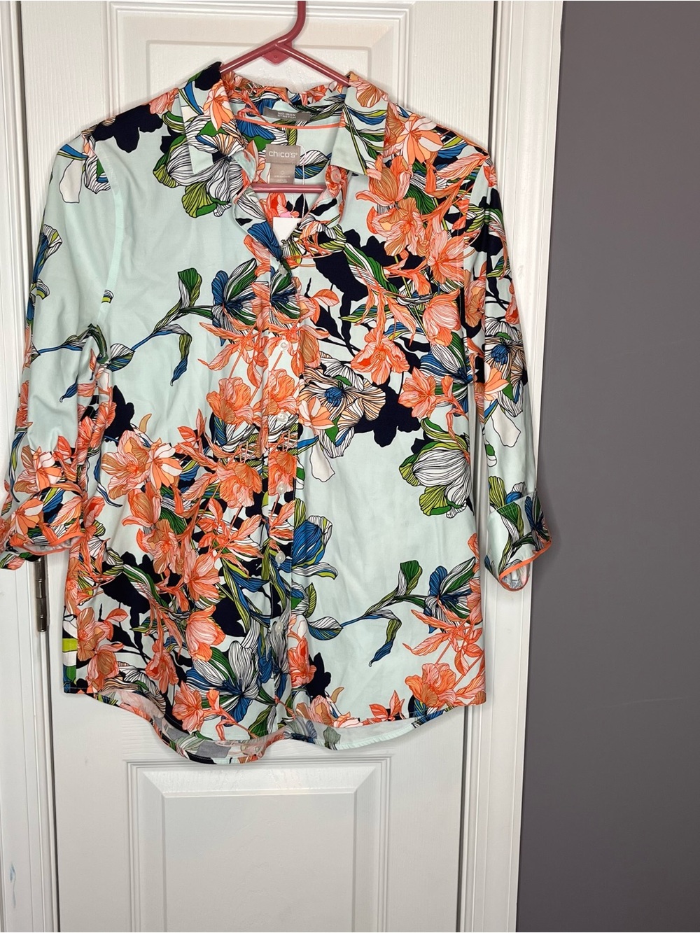 Chico's Floral Button-Front Women’s Top in Mint and Coral